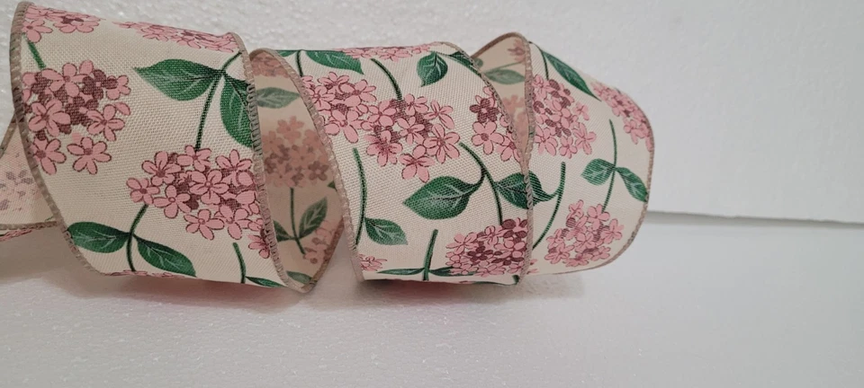 5 yards Wired Edge  Ribbon 2 1/2" Natural With Pink Flowers And Green Vines - Image 2 of 3