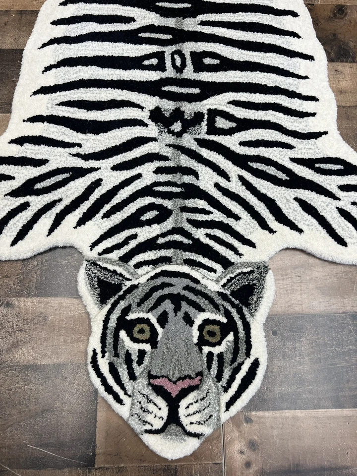 3 X 5 Hand Tufted 100% Wool  Black White Tiger Modern Oriental Area Rug NEW! - Image 2 of 4