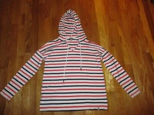 Ladies T by Talbots Blue Coral Striped Hooded V Neck 3/4 Sleeve Top Sz Petite P