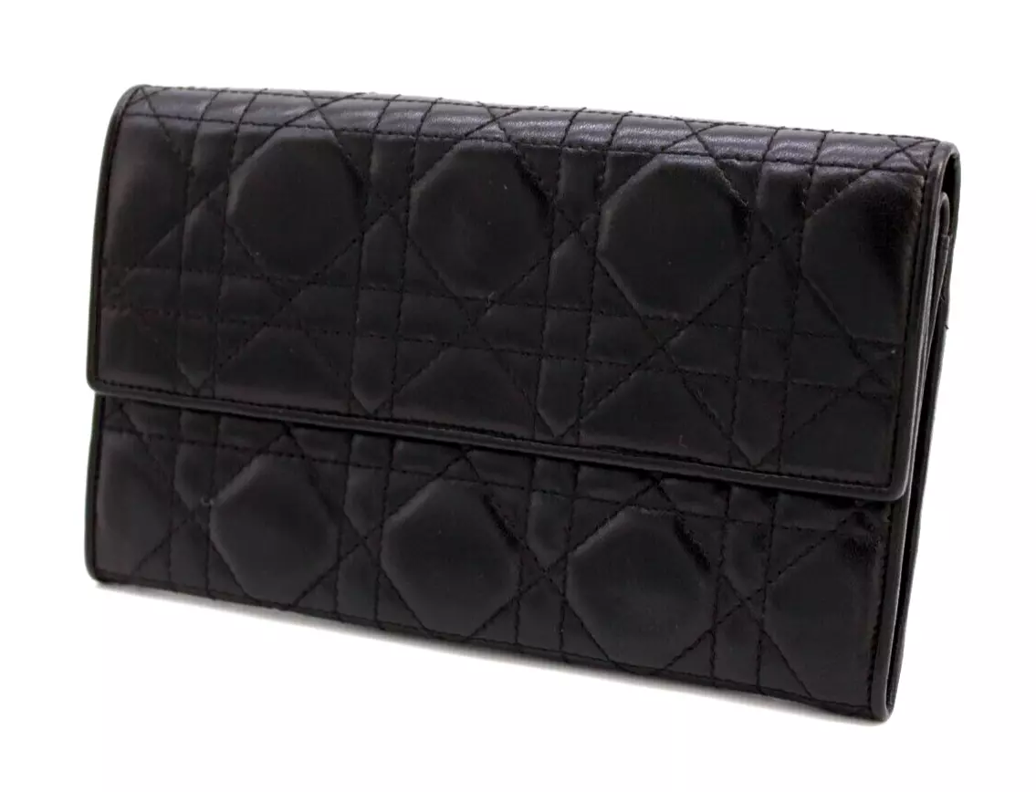 Portefeuille Dior long porte carte canage breloque rabat peau d'agneau noir authentique