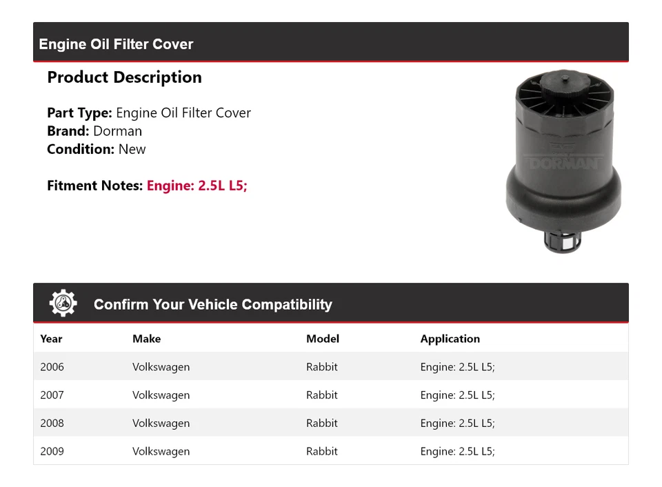 Cubierta de filtro de aceite de motor Dorman 2,5 L L5 2006-2009 Volkswagen Rabbit 2007 Foto 2 de 4