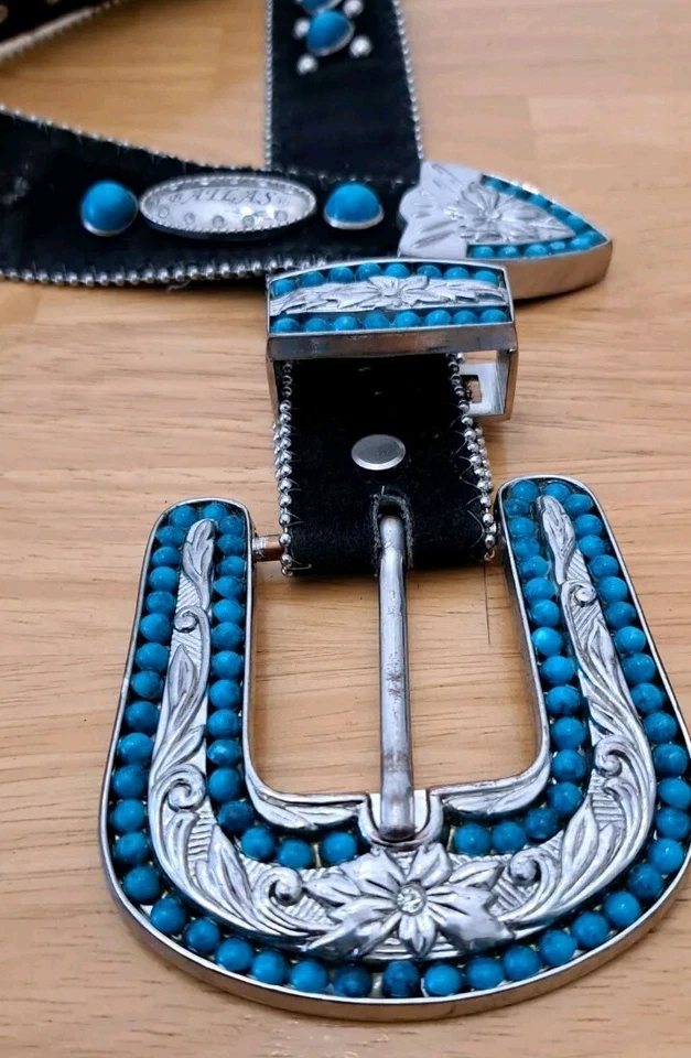 Cinturón para mujer W. B. Atlas Western tono plata y turquesa tachonado 40 pulgadas Foto 3 de 4