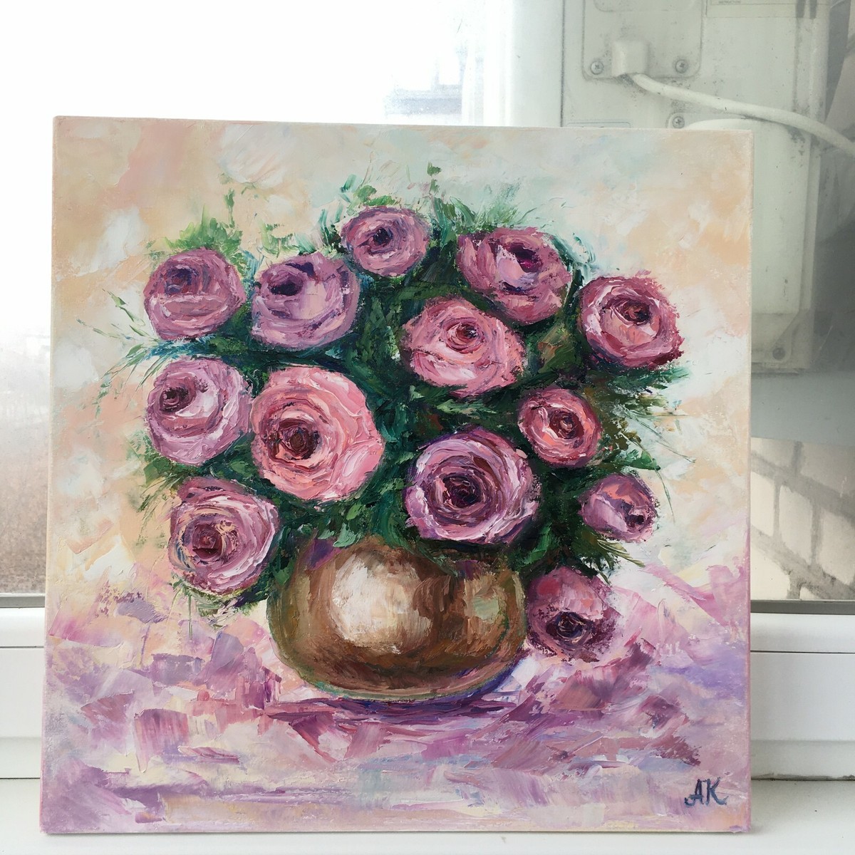Original Art Pink ROSES painting ROSE in the Jug Oil PAINTING