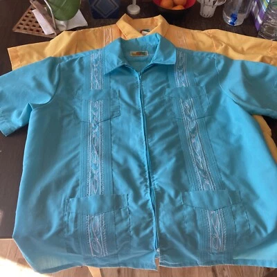 The Genuine Haband Guayabera Shirt 2 Adult L Yellow Full Zip Embroidered Mens - Image 1 of 4