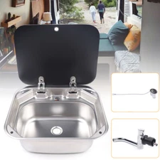 RV Caravan Hand Washing Sink Basin Drainer Stainless Steel W/ Lid Tap Faucet Kit