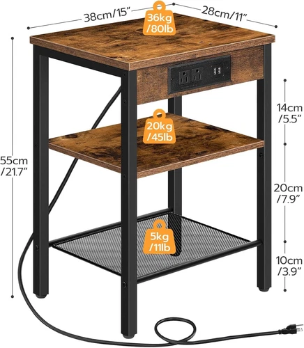 Beistelltisch mit Ladestation und USB-Anschlüssen, 3-stufiger Nachttisch mit verstellbarem - Bild 4 von 8