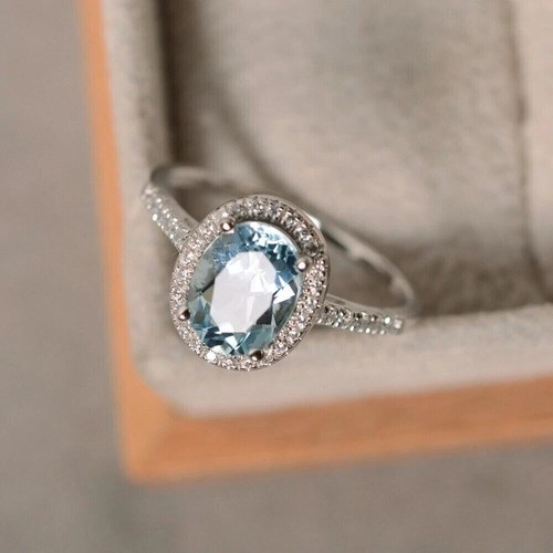 3.Ct Oval Cut Simulated Aquamarine Lovely Halo Wedding Ring 14K White Gold solid - Picture 4 of 6