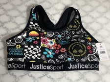 Justice Sports Bra Padded SIZE 36 Juniors Black Multicolored Flowers Designs NEW