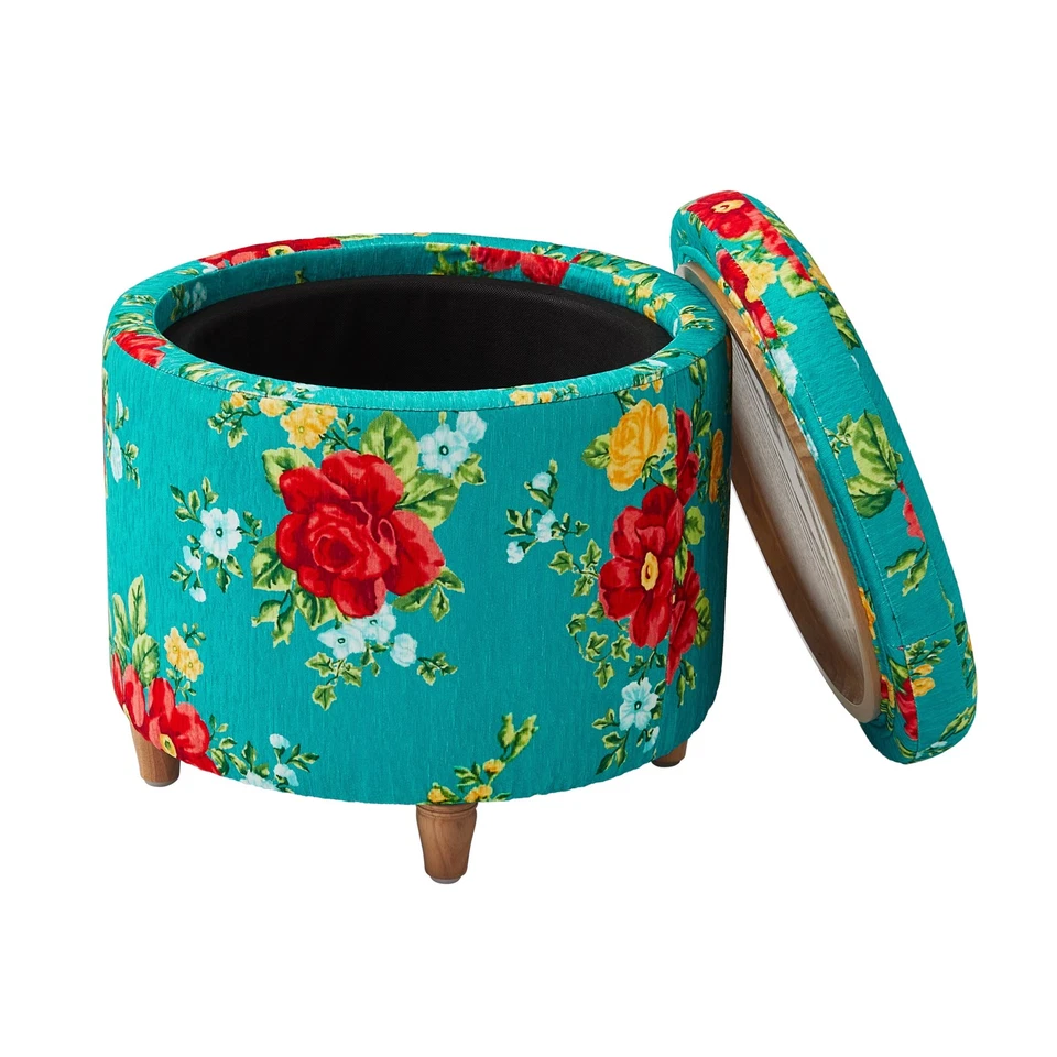 Otomana de almacenamiento redonda The Pioneer Woman tela floral vintage con tapa de bandeja, verde azulado Foto 3 de 4