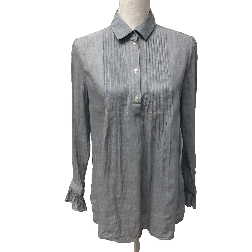 Saint Laurent — Saint Laurent YSL Blouse Top Womens Medium  F40 Blue Stripe Button Pleated