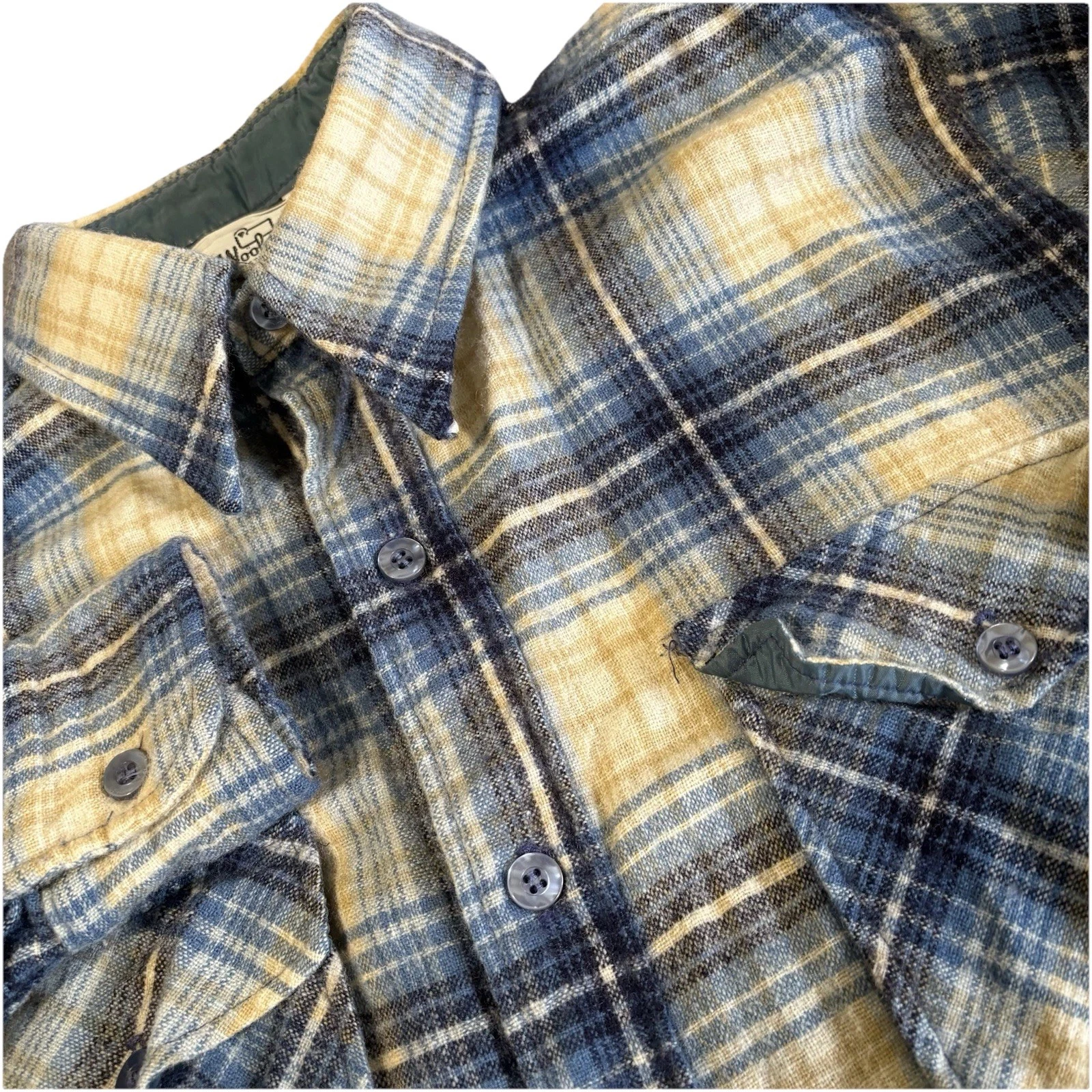 Vintage Woolrich Flannel Shirt Mens S Blue Plaid Wool Made In USA Chore Hiking