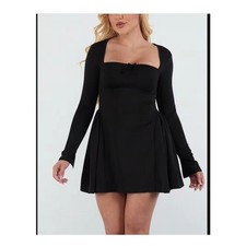 SHEIN Square Collar Long Sleeve A Line Mini Dress Black Size M