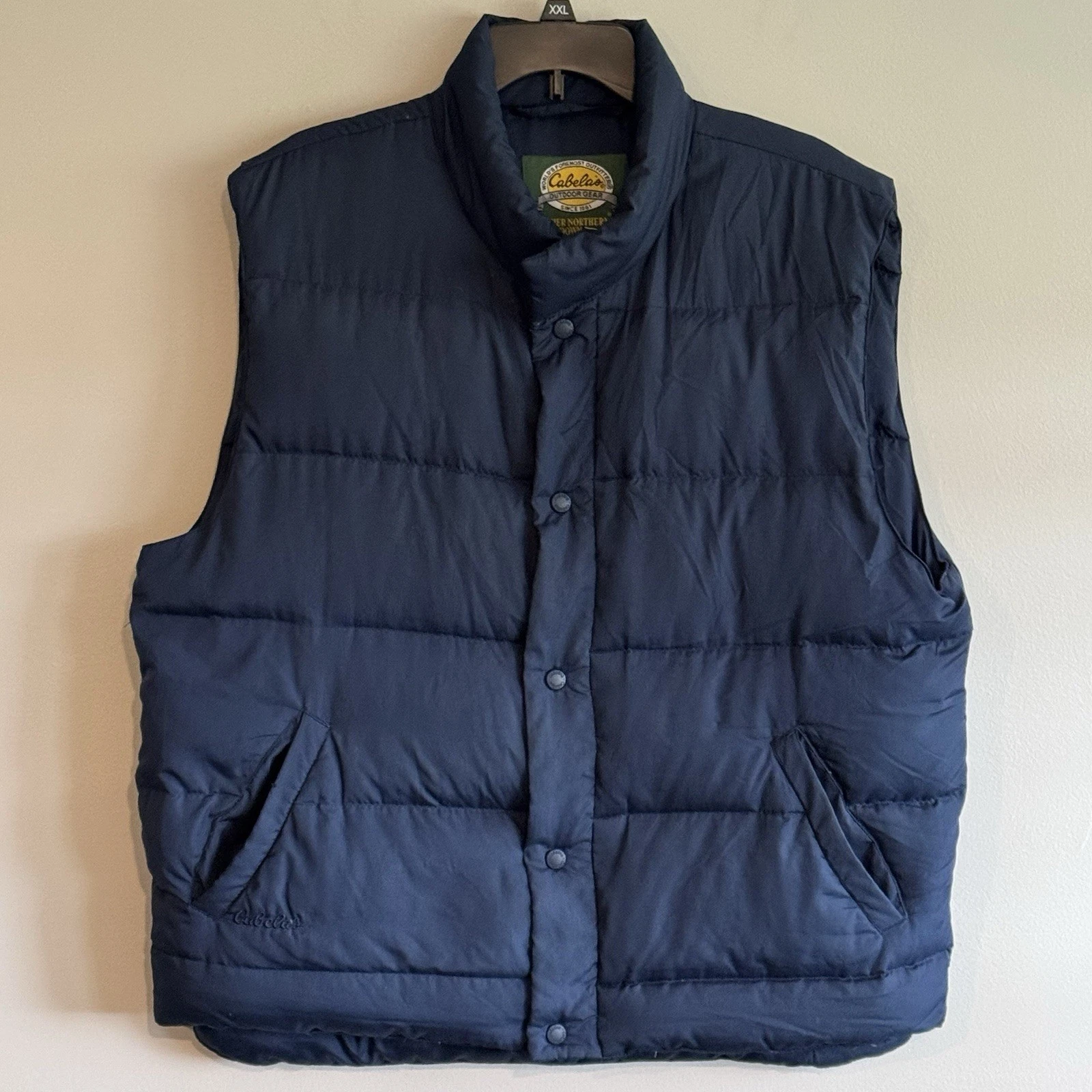 Cabela's Men's Premier Northern Goose Down Vest Size XL Navy Blue Puffer Snap Up