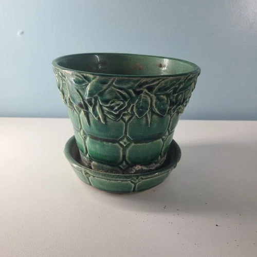 McCoy Green Ceramic Round Planter Diamond Leaf Pottery USA 4.5"