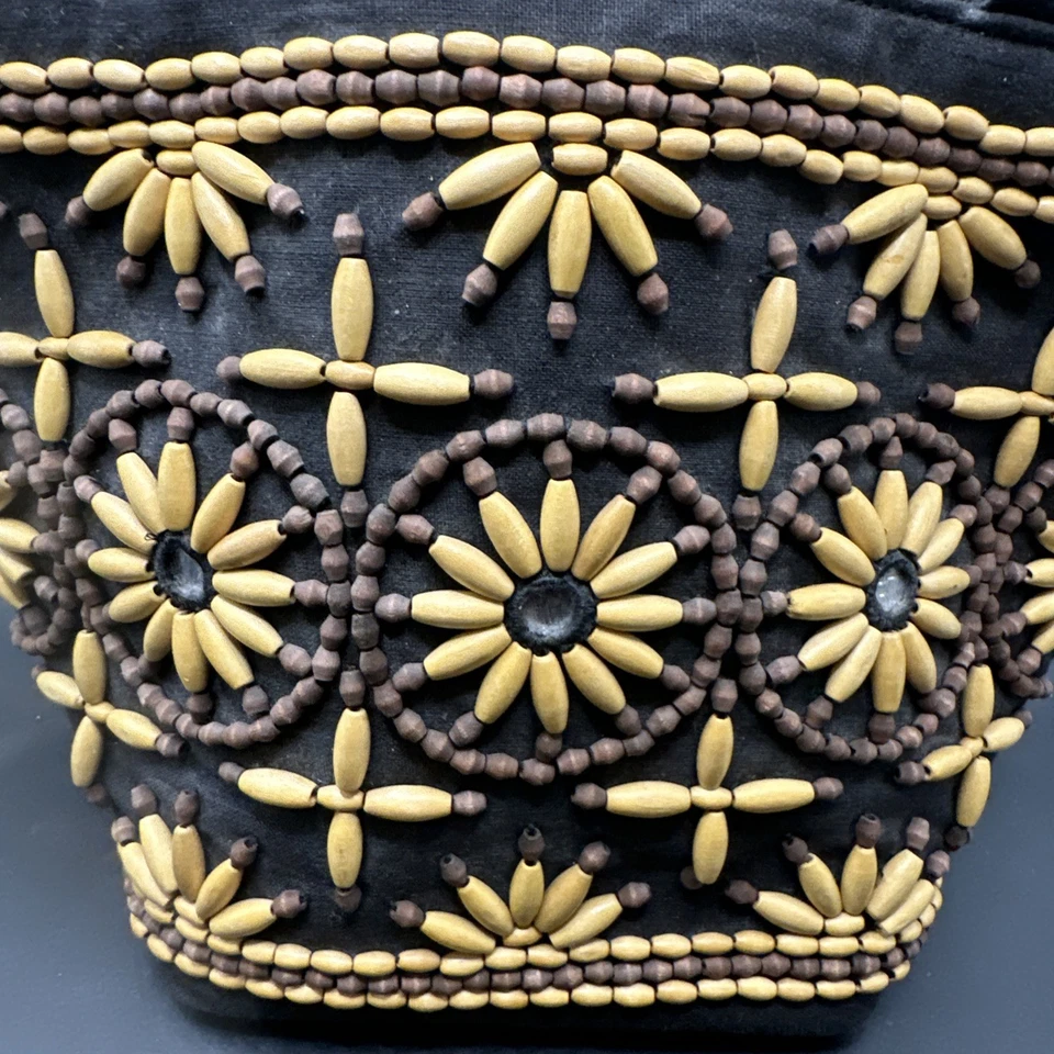 Bolso de Mano Talbots Cuentas Lino Marrón Asas de Bambú Cierre Magnético Bolsillo con Cremallera Foto 3 de 4