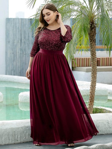 Women's Plus Size Elegant Round Neckline Long Sleeves Sequin Evening Dress - Picture 7 of 36