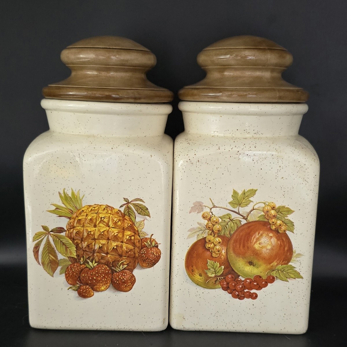 2 Vintage Hyalyn Ceramic Canisters Pottery Set Pineapple Apple