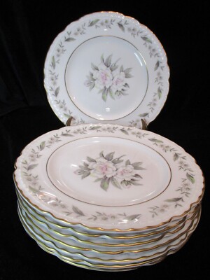 ROYAL JACKSON FLEUR DE BLANC CAMILLA FLOWERS 8 SALAD PLATES 8 1/4'' GOLD TRIM