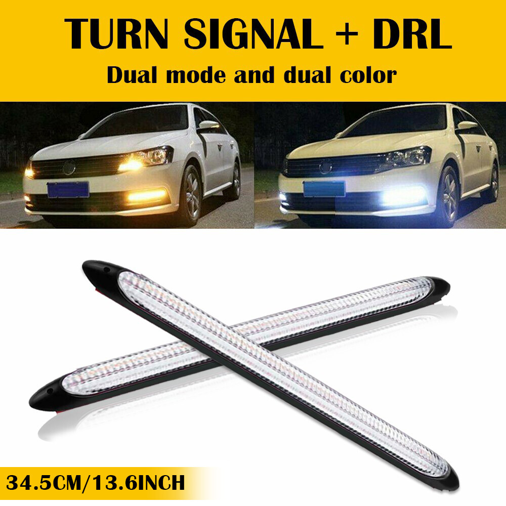 2X 34.5CM Amber White Flexible Dynamic LED DRL Turn Signal Strip for Headlight