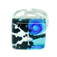 Murano Glass Ring Blue Black Silver Millefiori Square Venice 15mm x 15mm Art