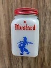 VINTAGE WHITE MILK GLASS DUTCH BOY FISHING SINGLE MUSTARD SHAKER MADE IN USA