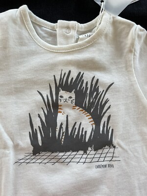 Carrement Beau (France) NWT Ivory/Black Tabby Cat 100% Cotton Knit LS Top-6Mos