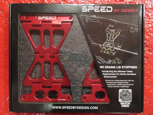 14+ H-D TOURING SPEED BY DESIGN NO DRAMA LID STOPPERS TETHERS PAIR RED ANODIZED