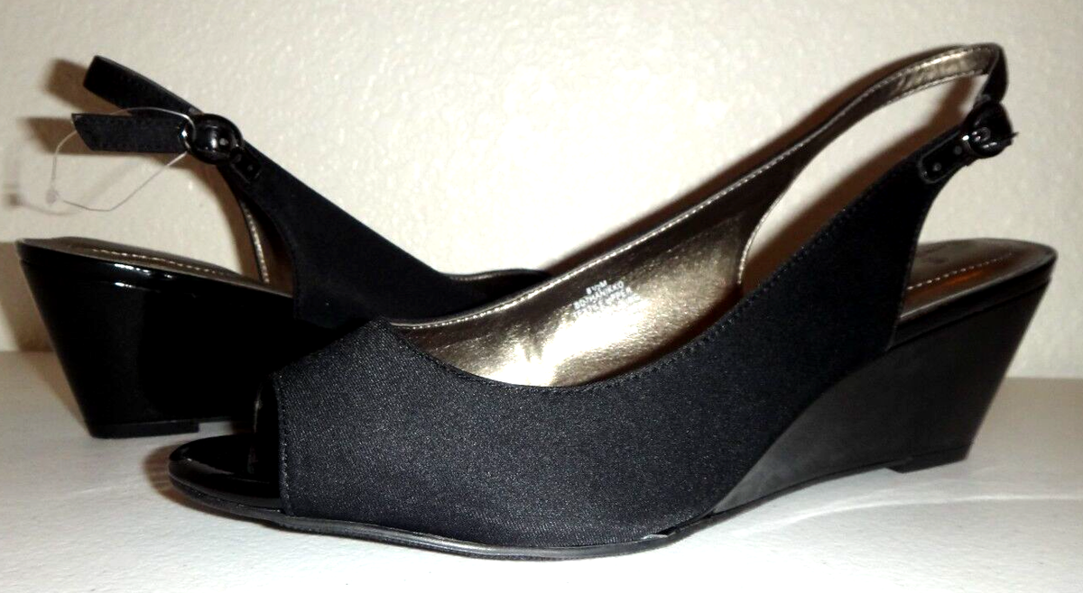 BANDOLINO Wedges Slingback Sandals Open Toe Black Textile Patent Leather Sz  10