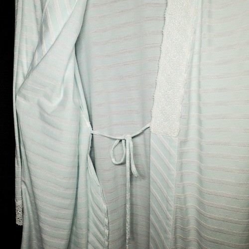 Vintage Eileen West Cotton Blend Lt Blue/White Striped Robe | Lace Trim No Belt - Picture 7 of 10