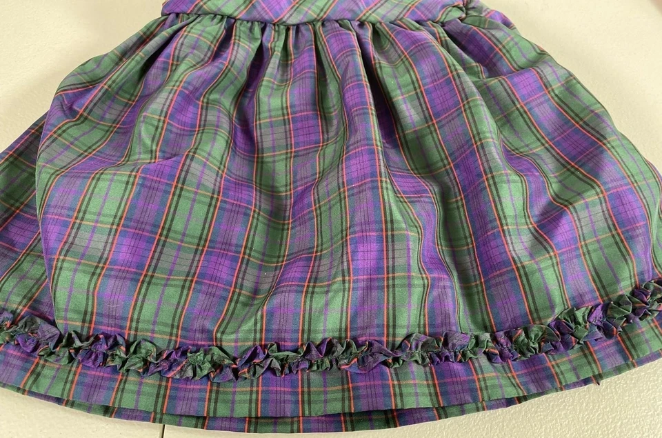 Vestido Chaps Niñas 6 Meses Cuadros Púrpura Verde Hinchado Mangas Cortas Faja Vacaciones Foto 4 de 4