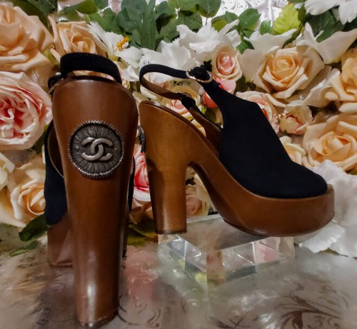 ❤ Sexy Madera/cuero real de Chanel Tacones Plataforma Zuecos Zapatos Talla  37 EE. UU. 6 | eBay