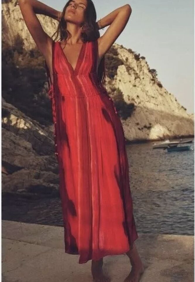 NWT ZARA Sleeveless V-Neck Bead Tie Dye Midi Dress Sz XL | eBay