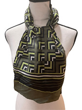 Scarf Silk Geometric Angles 1970s Greens, Black, White, 10.5  x 23  Women  s