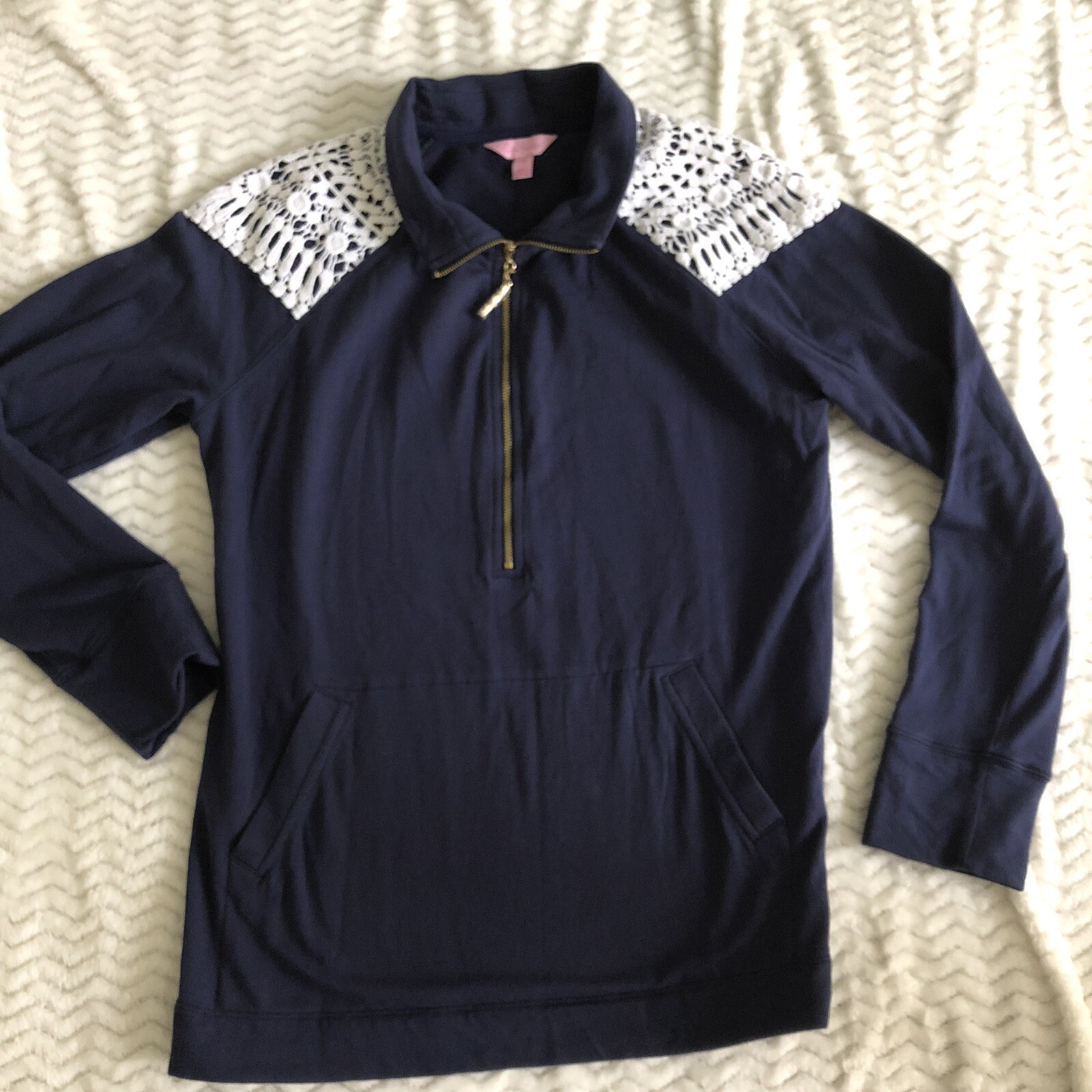 Lilly Pulitzer Jacket Womens M Blue 1/2 Zip Crochet Lace Sweatshirt Pullover