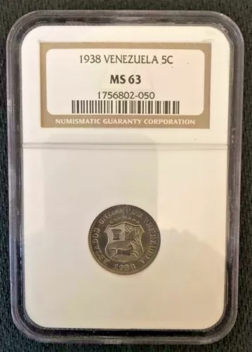 1938 Venezuela  5 Centimos Coin NGC MS 63