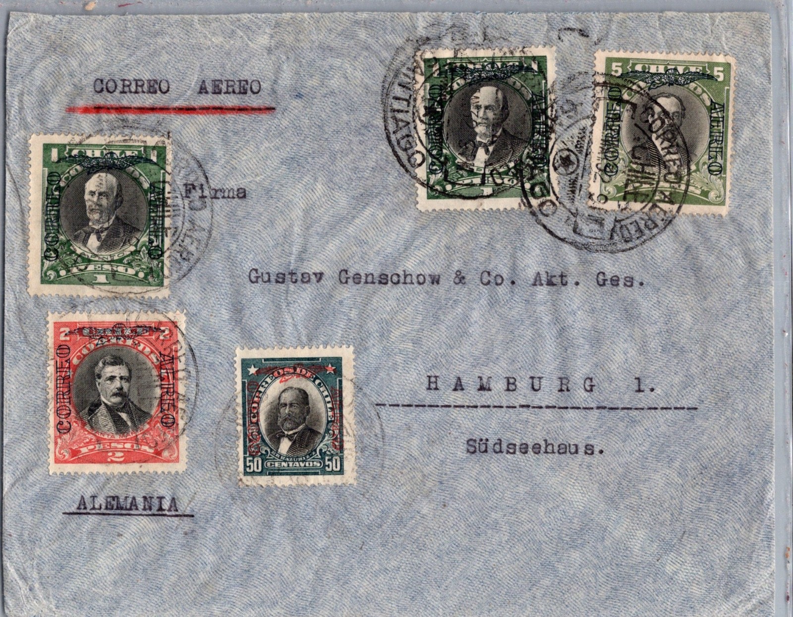 CHILE 1932 POSTAL AIRMAIL COVER MULT FRANK ADDR GERMANY POSTMARK SANTIAGO