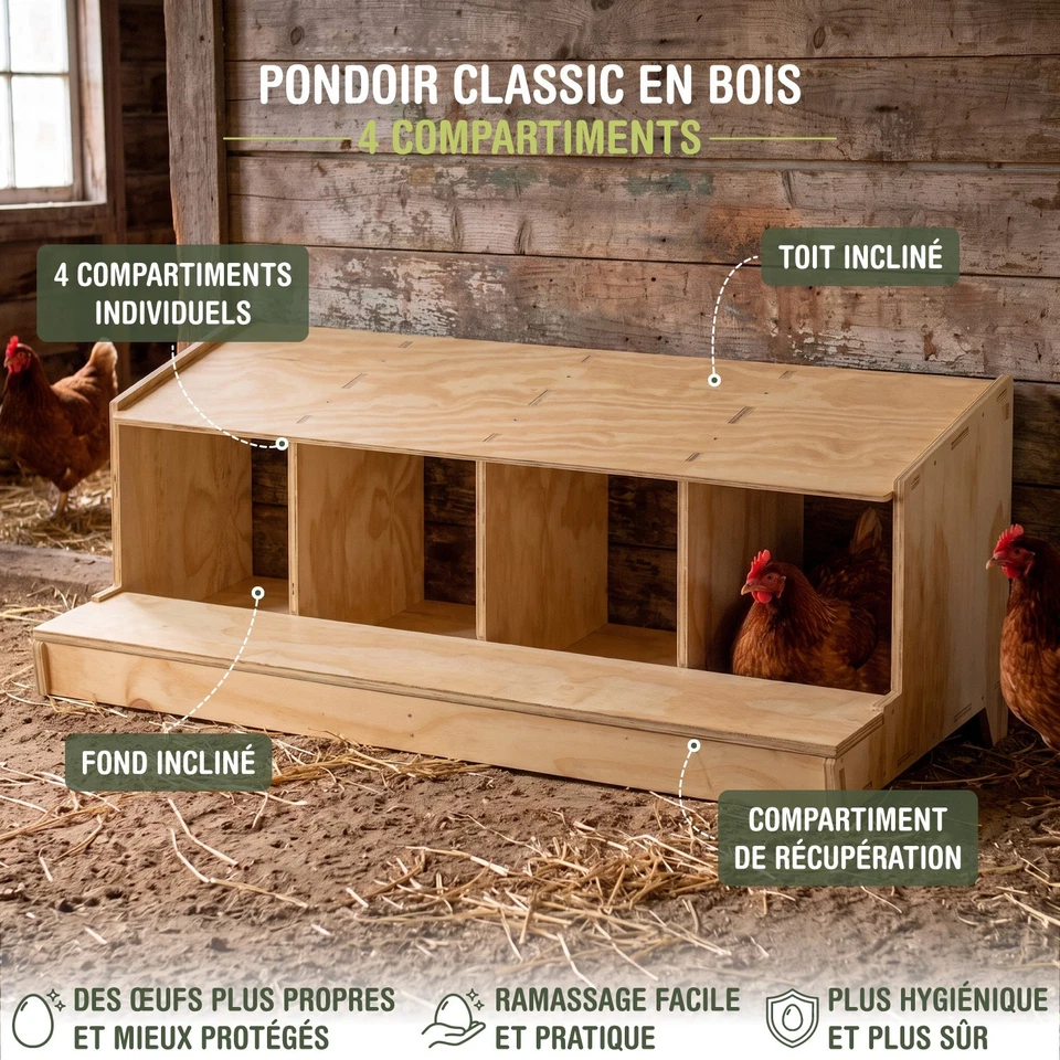 Pondoir Classic en bois à 4 compartiments pour Poules (.fr) - Photo 2/4