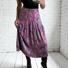Vintage 90s Rayon Pleated Midi Skirt M Whimsigoth Paisley Boho Grunge Fairy USA