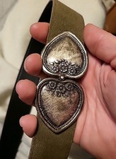 Vintage West German Trachten Leather Green Belt Hinged Silver Heart Buckle 32"