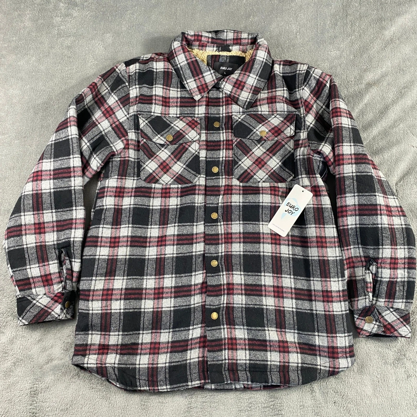 EURO JOY Flannel Shirt Jacket Men L Sherpa Lined Plaid Shacket Snap Outdoor Warm