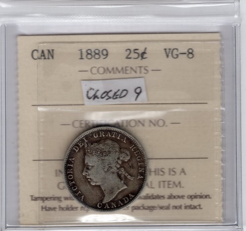 Moneda de 25 centavos de plata Canadá 1889 - ICCS VF 8 cerrada 9