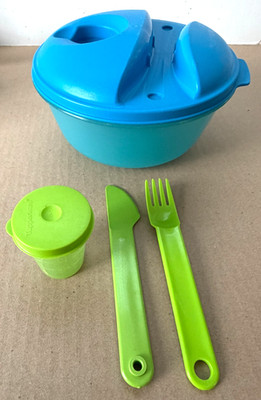 Tupperware Salad On the Go Bowl 4 Piece Set Blue/Lime Green #1700-5 & 6803A-3