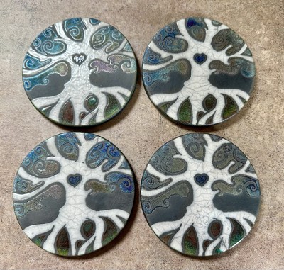 NEW J. Diller Set of 4 Raku Pottery Tree of Life w/ Heart COASTERS 4 1/8''