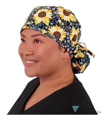 Big Hair Ponytail Scrub Cap - Sunflowers on Black