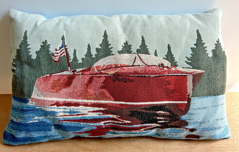 Vintage Boat Tapestry Pillow | Lake Outdoors Trees Water (12" x 20")