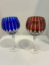 2 Ajka Castlle Alberga Cut To Clear Balloon Wine Goblets Cobalt Blue & Ruby Red