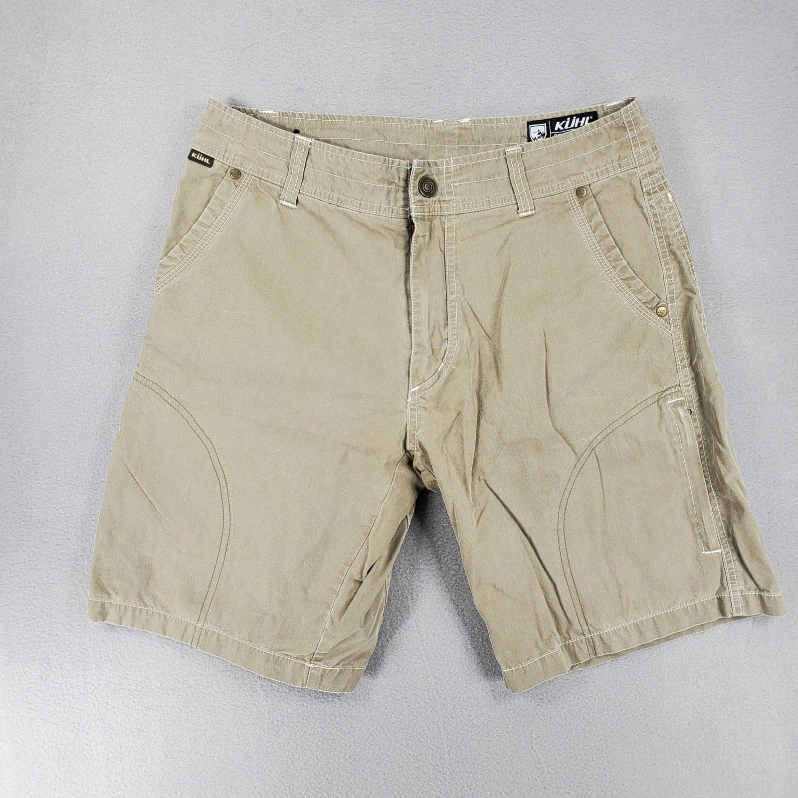 KUHL Rydr Cargo Shorts 32 Khaki Tan Vintage Patina Dye Gorpcore Hiking Utility