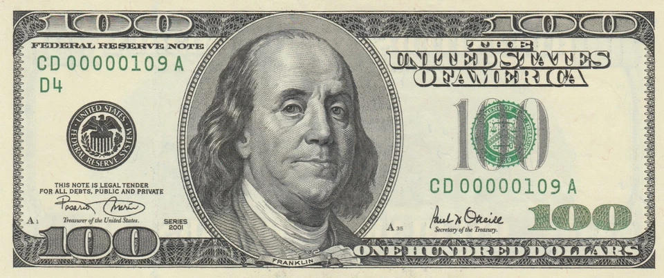 RARE 3 DIGIT | FANCY | Very Low Serial | 2001 $100 FRN | CD 00000109 A | CRISP!! - Image 2 of 3