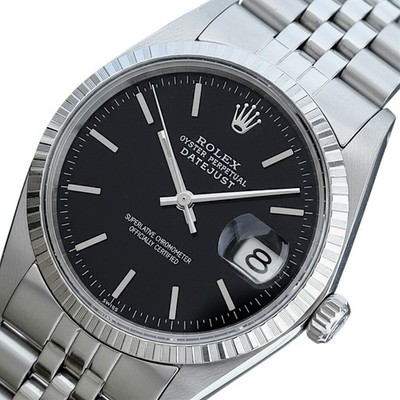 Rolex Mens Datejust Stainless Steel Black Index Dial Engine Turned 36mm Watch