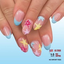 Short Oval Press on Nails - Starfish Blue French Tip Design - Summer Ocean